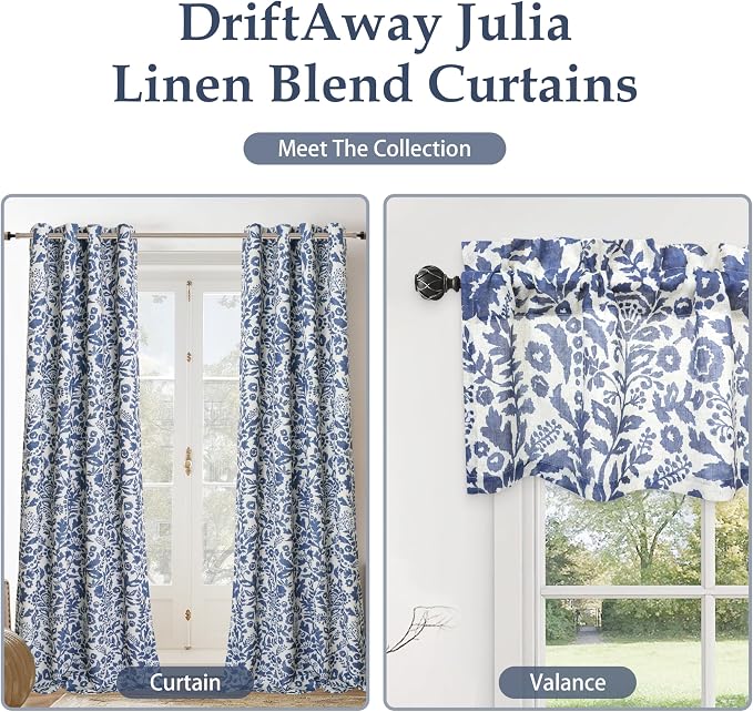 DriftAway Julia 100% Blackout Curtains Grommet 2 Panels, W52xL96, Navy | Floral Curtains, Bedroom, Living Room, Linen Blend, Watercolor Pattern, 2 Layers, Thermal Insulated, Window Treatment