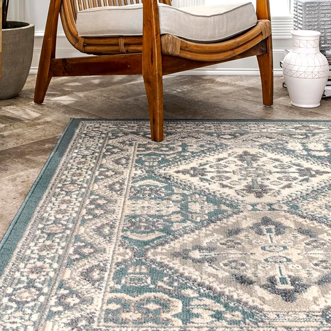 Nuloom Becca Blue/Ivory, 6' Round, Traditional Tiled, Soft and Cozy, High Traffic, Stain Resistant, Easy Clean, Durable Area Rug for Bedroom, Living Room, Dining Space, Den, Foyer, Entryway