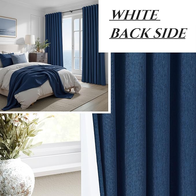Navy Blue Blackout Curtains 120 Inch Length for Boys Rooms/Bedroom, Floor to Ceiling Track Pleated Drapes with Hooks Linen Thermal Coastal Curtain Dark Blue Window Burg 50"Wx120"Lx2Panels Back Tab