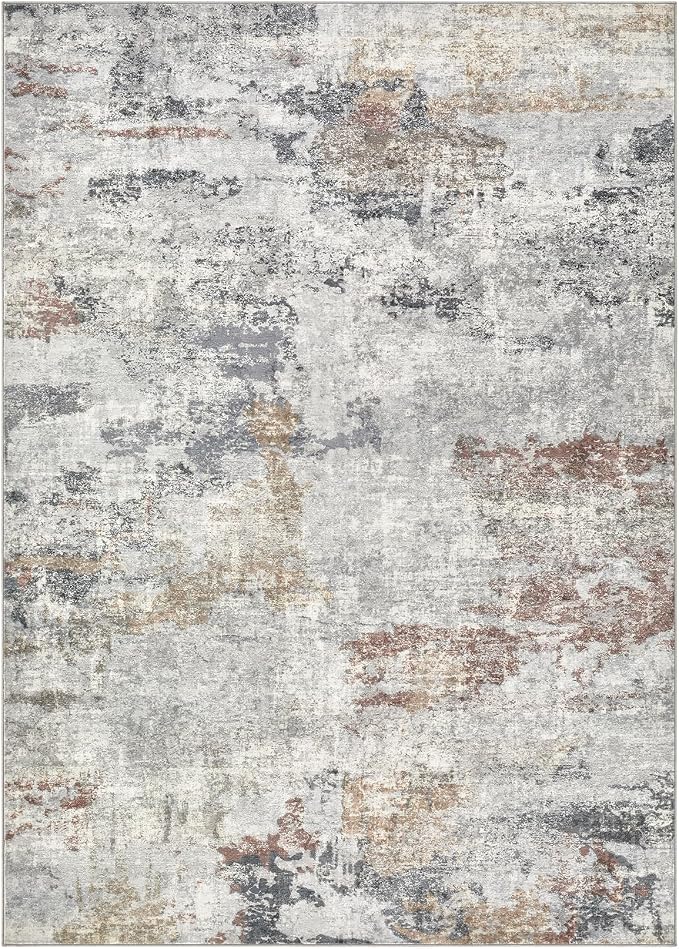 DMOYEST 5x7 Area Rug - Washable & Non Slip Indoor Rug for Living Room, Kid & Pet Friendly Abstract Low Pile Soft Carpet for Bedroom and Dining Room - Grey/Orange/Yellow