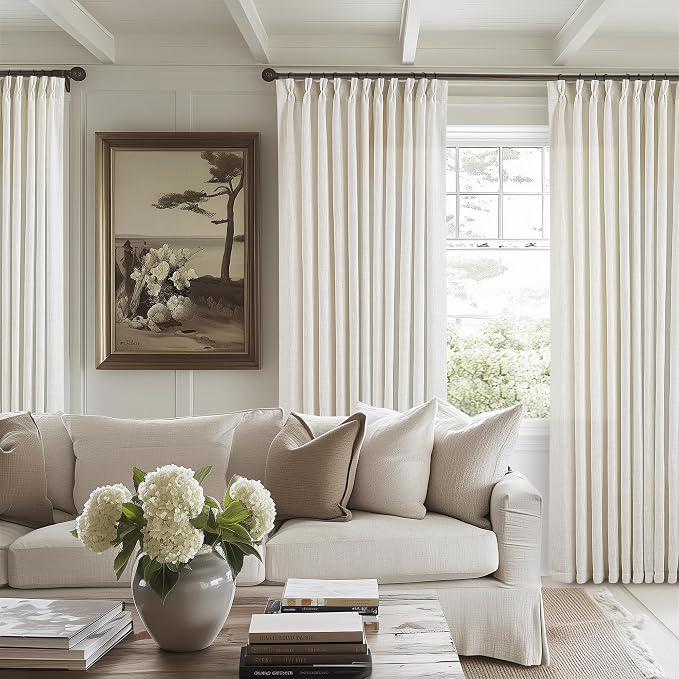 TWODRAPES Pinch Pleated Extra Wide Curtain Panels 96 Inches Long 70 Wide Linen Curtain for Patio Sliding Glass Door Semi Sheer Cream Hooks Rings Privacy 96 Inch Length for Living Room 70x96 1 Panel