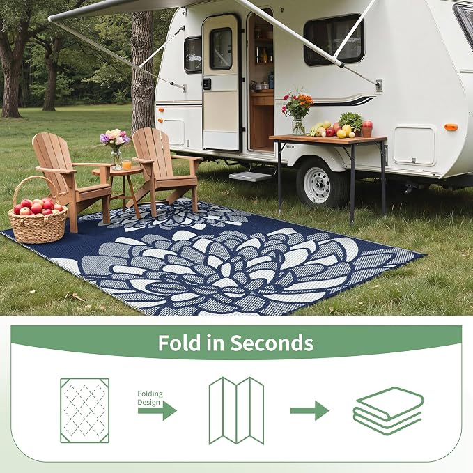 GENIMO Outdoor Rug, Waterproof Plastic Rugs for Patio, 6'x9' Indigo White | Outside Larger Leaf Carpet Mat for Porch Decor, Deck, Balcony, Camping, RV, Backyard, Picnic, Beach, Reversible, Foldable