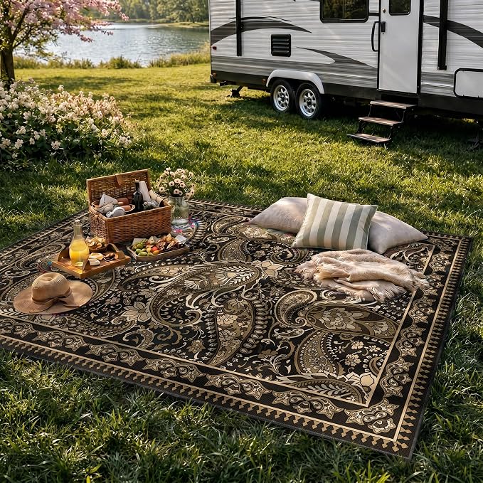 Arenarug Paisley Outdoor Rug Waterproof 4x6, UV Resistant Non Slip Patio Rug, Indoor Outdoor Boho Camping Rug Linen-Look RV Carpet for Deck Balcony Backyard, Taupe