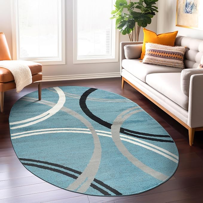 Rugshop Wavy Circles Modern Non-Shedding Living Room Oval Rug Blue 5' x 7'