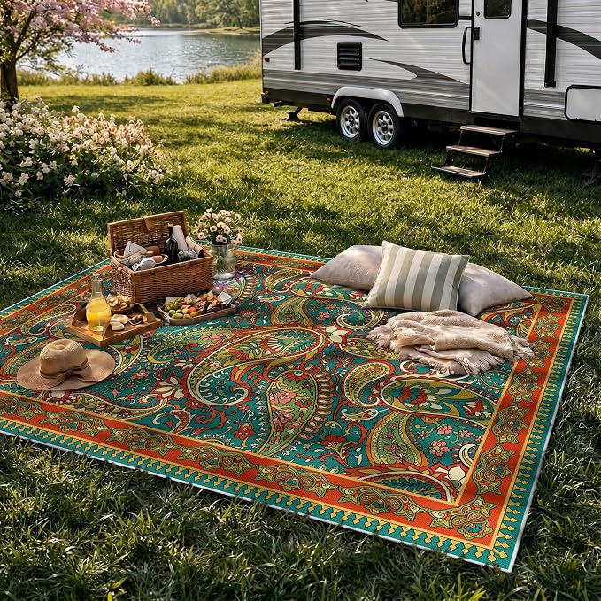 Arenarug Paisley Outdoor Rug Waterproof 4x6, UV Resistant Non Slip Patio Rug, Indoor Outdoor Boho Camping Rug Linen-Look RV Carpet for Deck Balcony Backyard, Terracotta