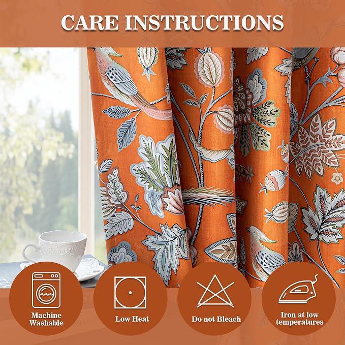 MYSKY HOME Floral Blackout Curtains 84 inch Long for Living Room Darkening Thermal Insulated Vintage Curtains Flower Bird Pattern Printed Grommet Drape for Dining Room Bedroom, 2 Pcs, 52" Wide, Orange