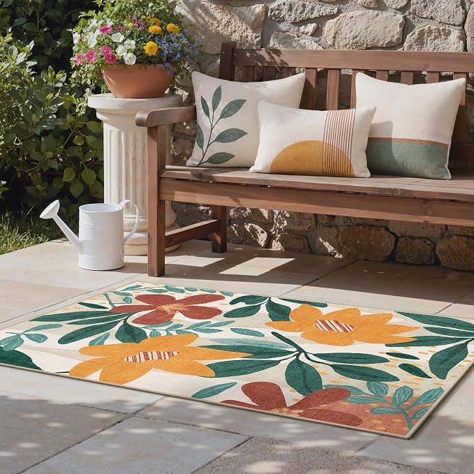 GENIMO 3x5 Outdoor Rug, Washable for Porch and Balcony, Teal Orange | Floral design for entryway; fade resistant chenille with quick-dry non-slip backing for indoor mudroom