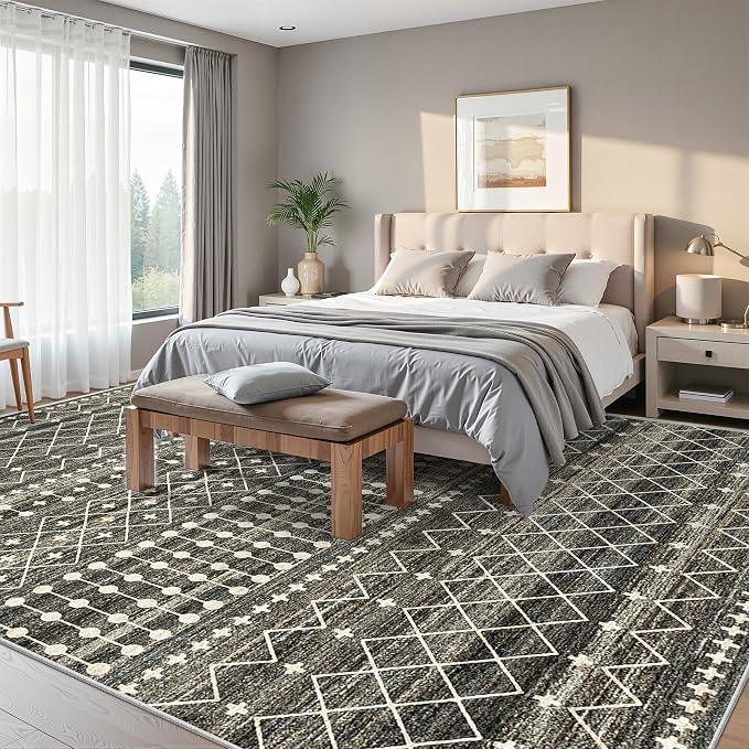 Miukiki 10x14 Area Rugs for Living Room Moroccan Washable Rugs Non Slip Indoor Floor Carpet Foldable Large Soft Area Rug with Low Pile for Dining Room Bedroom Office(Black,10'x14')