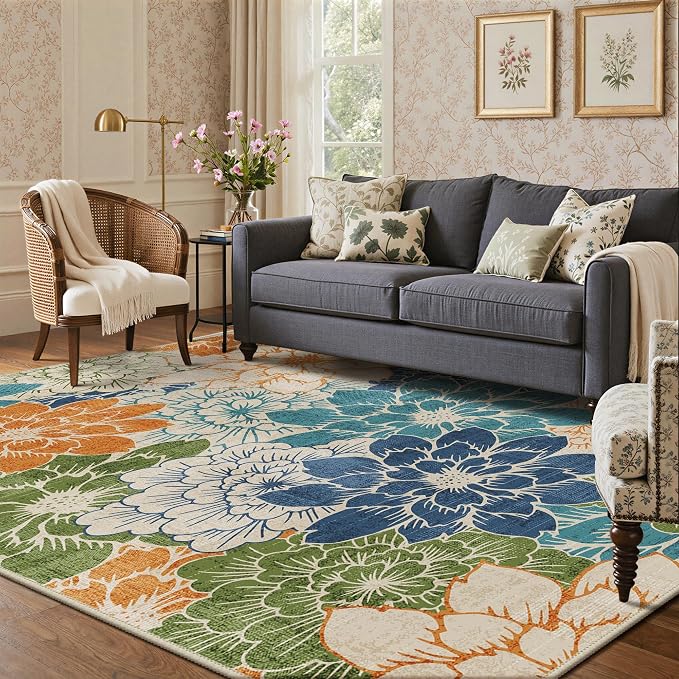 GENIMO 6x9 Outdoor Rug, Washable for Patio and Deck, Teal Blue | Floral design for dining area; fade resistant chenille with quick-dry non-slip backing for indoor sunroom
