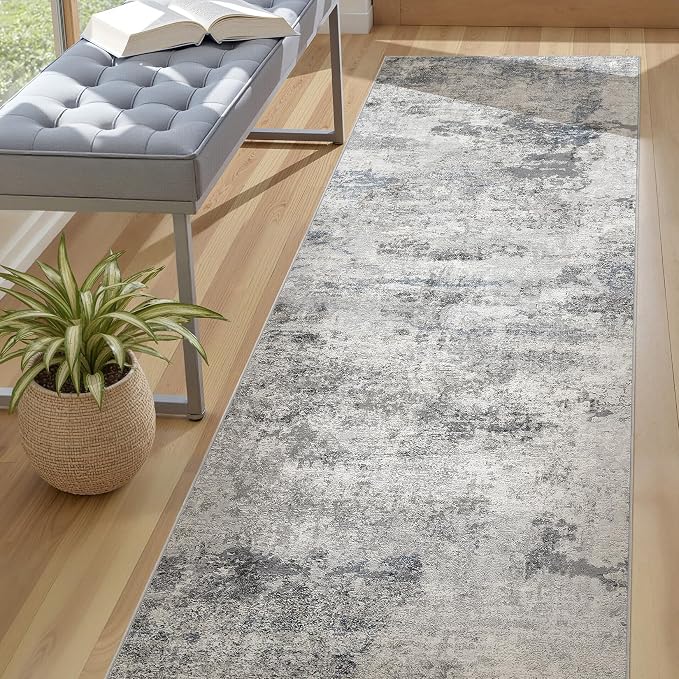 DMOYEST 3x8 Washable Runner Rug, Non Slip Low Pile Carpet Runner for Hallway and Entryway, Kid & Pet Friendly Abstract Modern Area Rug for Kitchen and Dining Room - Grey Blue