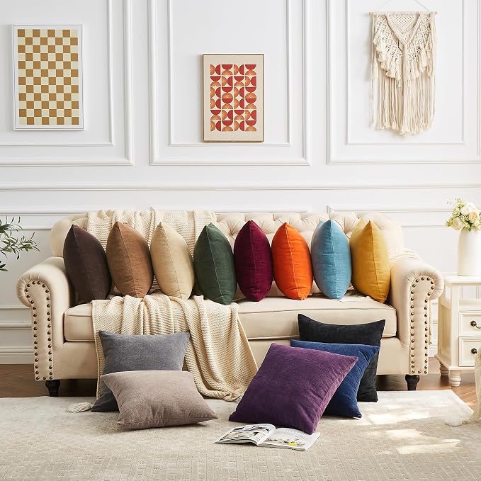GAWAMAY Decorative Square Throw Pillow Covers 18x18 Inch Set of 4, Super Soft Chenille Pillows Cover Fall Pillowcase for Living Room Bedroom Sofa Couch Cushion Cover Khaki 45x45cm (No Insert)