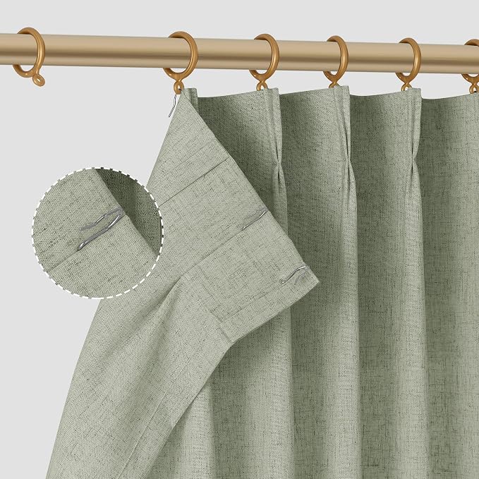Sage Green Pinch Pleated Semi Sheer Curtains 108 Inches long for Living Room 2 Panels Set Green Linen Pleat Drapes Back Tab Farmhouse Boho Ceiling to Floor 108 Inch Curtains for Bedroom Window 9 FT