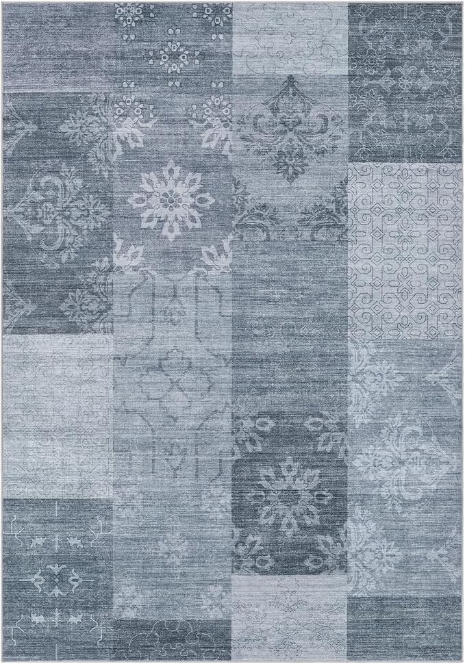 UERMEI 10x12 Area Rug for Living Room - Washable Vintage Carpet, Non-Slip Soft Large Indoor Floor Rugs for Bedroom Home Office & Under Dining Table Decor, Blue Block