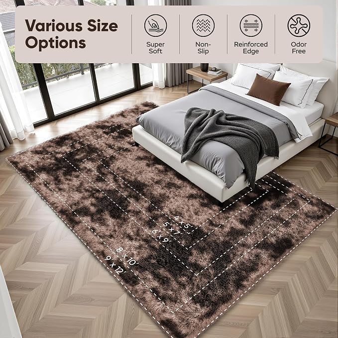 Area Rug for Living Room Bedroom: 9x12 Soft Fluffy Shag Upgrade Non-Slip High Pile Carpet Large Fuzzy Plush Indoor Floor Decor Shaggy Coffe Tie-Dyed Rug for Kid Boys Girls Playroom Nursery Modern Home