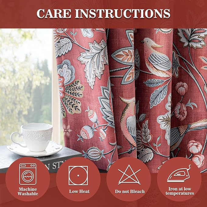 MYSKY HOME Terracotta Boho Floral Blackout Curtains 63 inch Long for Living Room Darkening Thermal Insulated Vintage Farmhouse Bedroom Curtain with Flower Bird Patterned Grommet Drape, 2 Pcs, 52"x 63"