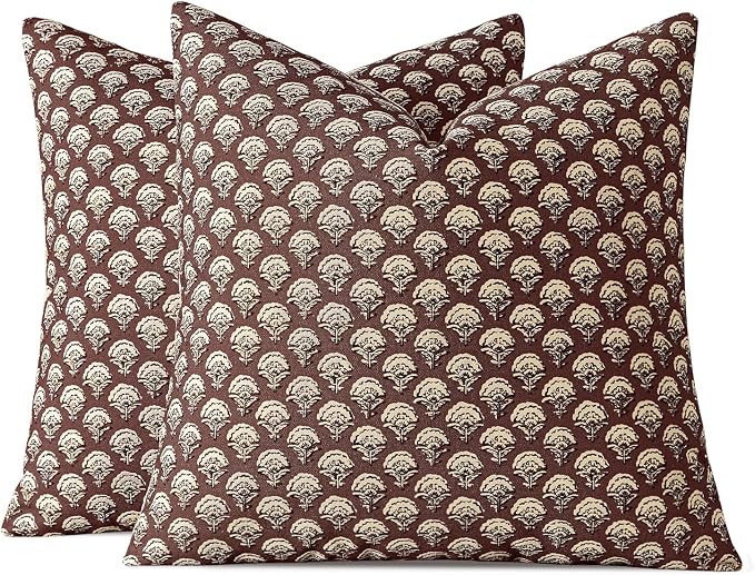MIULEE Set of 2 Decorative Floral Pillow Covers Neutral Vintage Throw Pillows Block Print Boho Farmhouse Cushion Covers for Modern Spring Home Decor Couch Sofa Living Room, 20x20 Inch, Withered Rose