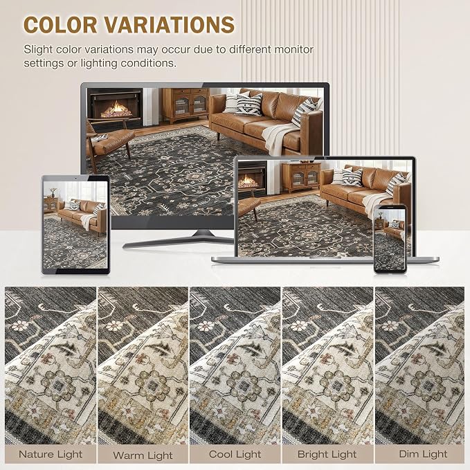 Area Rug for Living Room - 10x12 Soft Washable Oriental Vintage Floral Distressed Large Carpet - Fade Stain Resistant Non Slip Rugs for Bedroom Dining Room Nursery Dorm Office Home Decor - Black