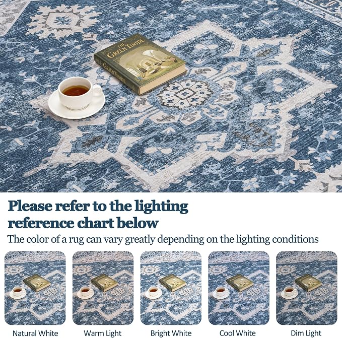 5x7 Area Rugs for Living Room:Blue Washable Vintage Medallion Boho Rug Non-Slip No Slip Stain Resistant Soft Low Pile Large Rugs Indoor Retro Carpet for Bedroom Nursery Dining Office (Blue 5'x7')