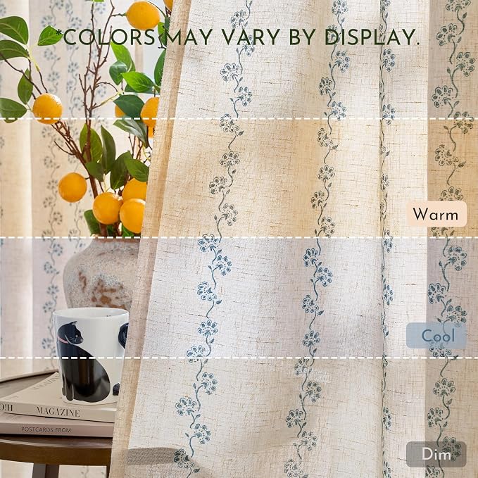 Lazzzy Cathy Linen Floral Curtains 63 inch Length for Kitchen Cute Privacy Curtains for Kids Room Rod Pocket Back Tab Light Filtering Drapes Farmhouse Cottagecore Decor 50"x63" Blue on Linen