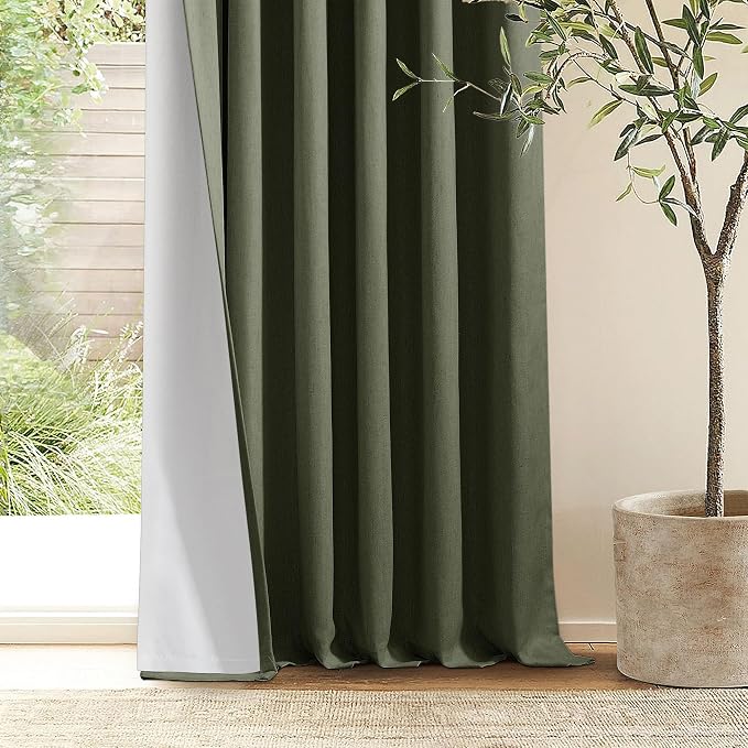 Olive Green 63 Inch Length Blackout Pinch Pleated Linen Curtains with Liner | Memory Trained, 100% Black Out, Thermal Insulated, UV Blocking, Noise Reducing Curtains for Small Window Bedroom 2 Panels