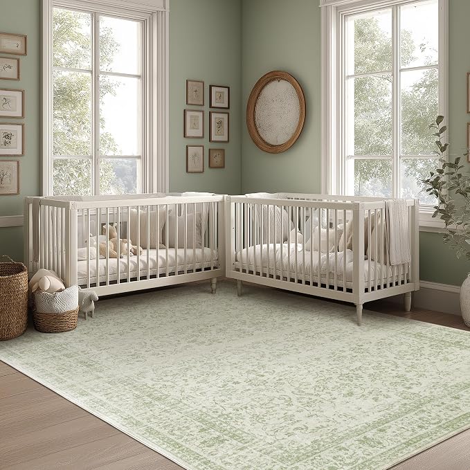 Sage Green Area Rugs 9x12 Living Room No Slip Stain Resistant Large Area Rug for Bedroom Low Pile Soft Boho Distressed Style Light Green Rug 9 x 12 Washable Carpet for Dining Room Playroom