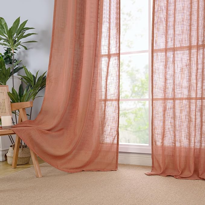 LAMIT 54 Inch Semi Sheer Window Linen Curtains, Light Filtering Panels Back Tab and Rod Pocket Neutral Drapes for Bedroom/Living Room, Terracotta, 2 Panels, 34 x 54 Inch