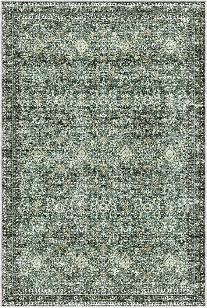 Sasttie 6x9 Area Rugs, Ultra-Soft Washable Rug, Low Pile Foldable Thin Carpets with Non-Slip Backing, Skin-Friendly Stain Resistant Carpet for Living Room, Bedroom, Kitchen, Dorm, 6x9, Dark Green