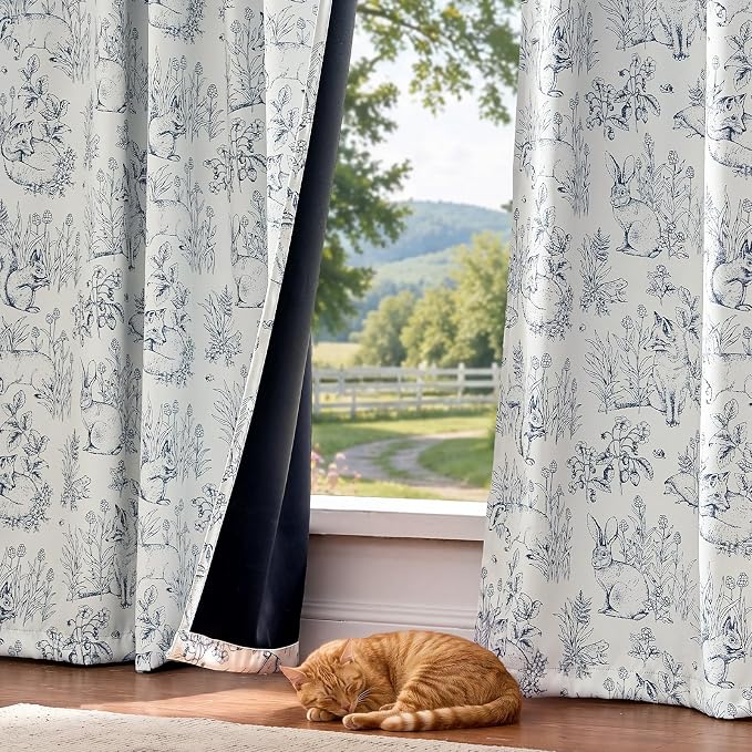 jinchan Blue Blackout Curtains 84 Inch Whimsical Back Tab 2 Panels | Room darkening,nursery kids bedroom,privacy,whimsical,cottagecore,bunny pattern,botanical,nature-inspired decor