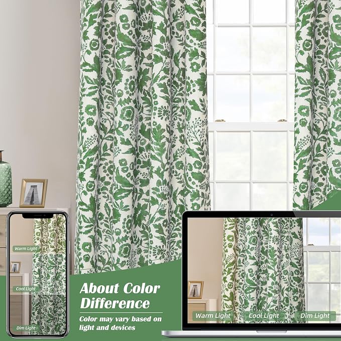 DriftAway Julia 100% Blackout Curtains Grommet 2 Panels, W52xL84, Green | Floral Curtains, Bedroom, Living Room, Linen Blend, Watercolor Pattern, 2 Layers, Thermal Insulated, Window Treatment