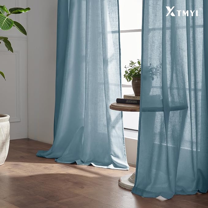 XTMYI Stone Blue Curtains 90 Inches Long for Living Room,Light Filtering Country Vintage Hooks Pleated Back Tab Semi Sheer Linen Curtains for Bedroom 2 Panels Set,Dusty Blue