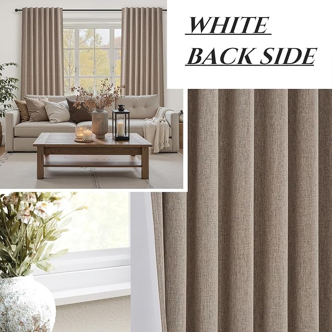 Dark Flax 100% Blackout Curtains 84 Inch Length 2 Panels Set Farmhouse Style for Bedroom Windows/Living Room Thermal Insulated Neutral Boho Drapes Linen Blend Chocolate 7ft Long Hook Belt Pleated