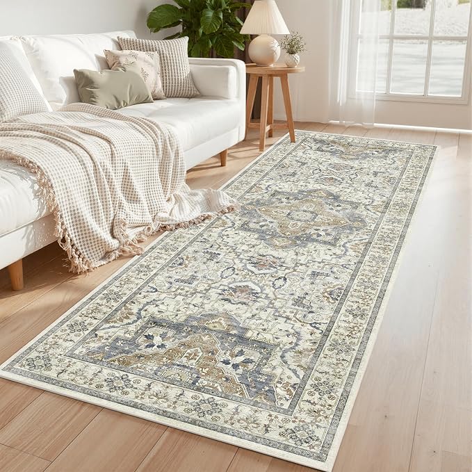 Washable Hallway Runner Rug - 3x8 Floor Carpet Rug Distressed Low Pile Mats Non Slip Soft Rugs for Dining Room with Rubber Backing Bedroom Runner with Vintage Design (Beige/Blue 3x8)