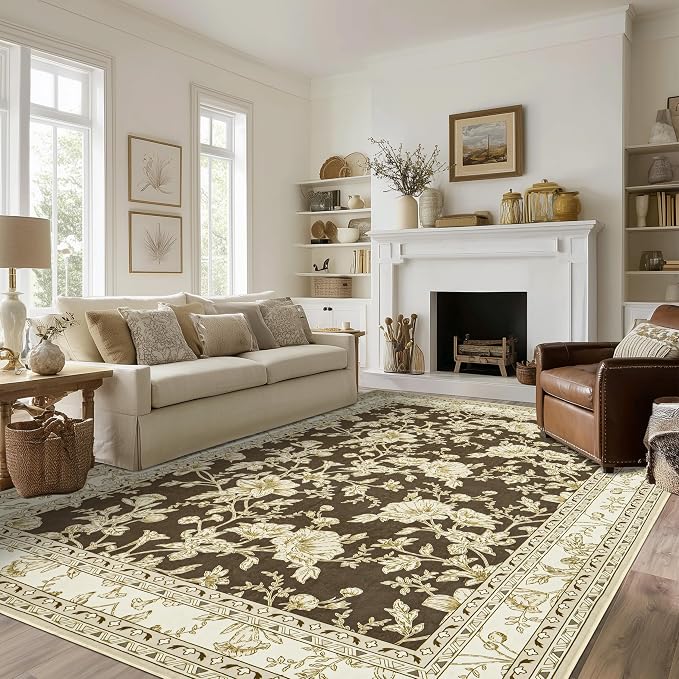 Browm Floral 8x10 Area Rugs for Living Room, Cream Beige Taupe Sketch Pattern Bedroom Rug Boho Low Pile Dining Room Washable Carpet 8x10, Vintage Soft Indoor Non-Slip Floor Covering Nursery Playroom