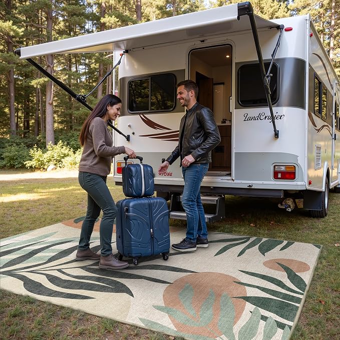GENIMO 5x8 Outdoor Rug, Washable for Patio and Deck, Dark Beige Olive | Botanical leaf design for porch; fade resistant chenille with quick-dry non-slip backing for indoor sunroom.