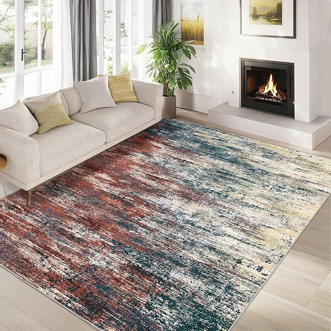 ROYHOME Washable Rug 9x12 Area Rug for Living Room, Non Slip Abstract Rug for Bedroom, Ultra Soft Area Rug, Low Pile Soft Contemporary Indoor Floor Carpet Cover, Red/Multi