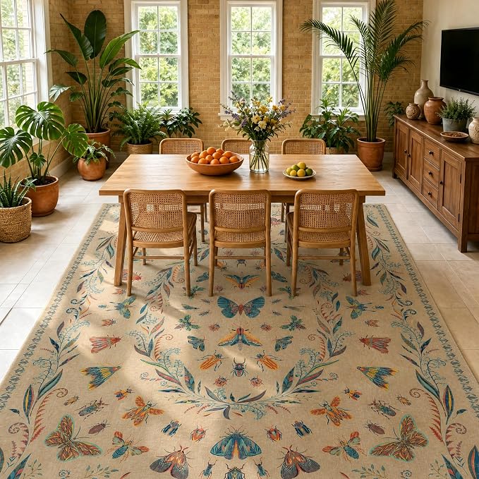 Dining Room Rugs for Under Table 6x9 - Washable Soft Rugs for Bedroom Aesthetic, Low Pile Stain Resistant Living Room Carpet, Vintage Insect Home Décor (Brown)