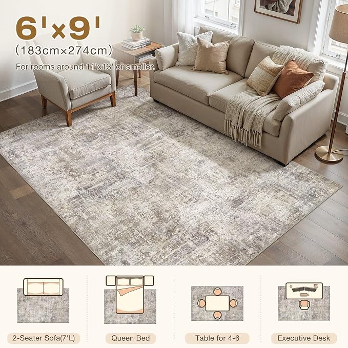 cotiled Washable 6x9 Area Rug for Living Room - Modern Abstract Carpet with Non-Slip Backing, Low Pile & Soft, Stain Resistant, Kid & Pet Friendly Decor for Bedroom & Dining Room - Brown Grey