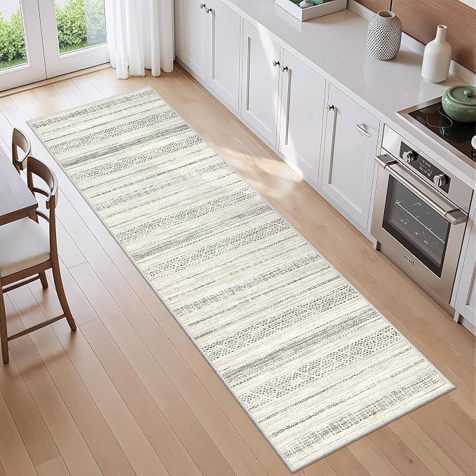 Miukiki 2x8 Runner Rug Moroccan Washable Kitchen Rug Non Slip Indoor Floor Hallway Runner Rug Foldable Carpet for Bathroom Laundry Room with Low Pile(Grey,2'x8')