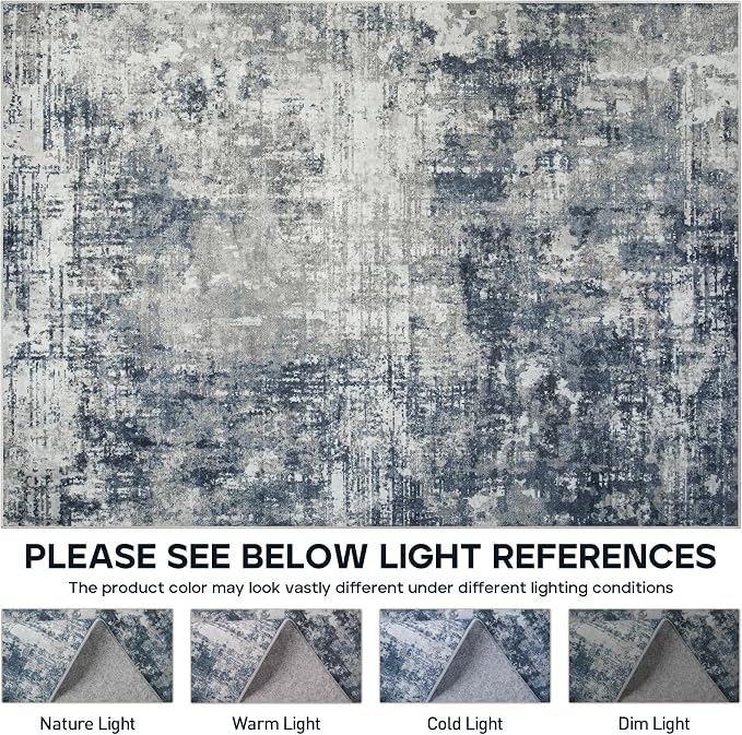 Runner Rug for Hallways Kitchen 2'6"x8' Washable, Non Slip Carpet 8ft Area Rugs Entryway Rubber Backed 8 Feet Neutral Abstract Modern Low Pile Indoor Blue Grey