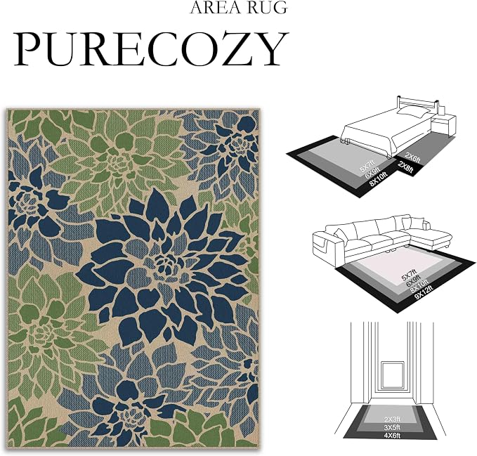 PureCozy 6x9 Easy Jute Outdoor Rug Navy/Green Floral Textured Indoor Outdoor Area Rug Farmhouse Patio Carpet for Backyard, Patio, Porch, Easy-Cleaning, High Traffic, Pet-Friendly, Non-Shedding