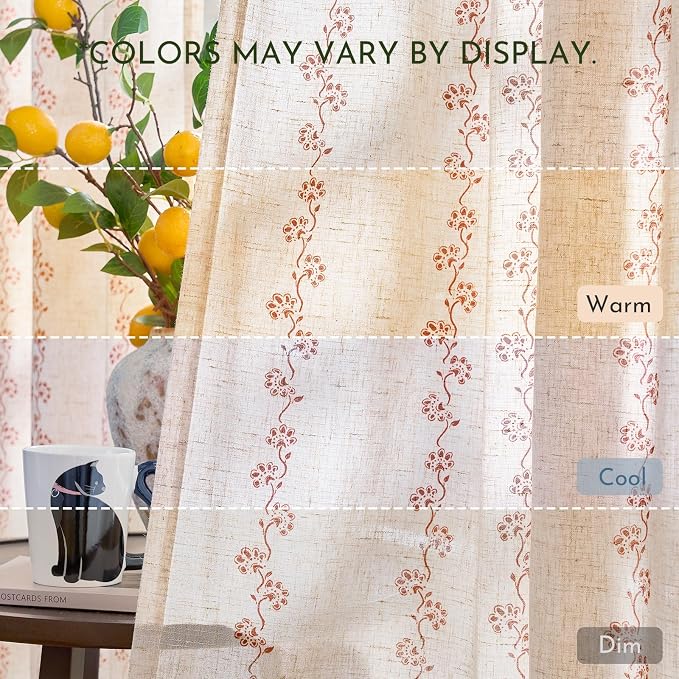 Lazzzy Cathy Linen Floral Curtains for Living Room Privacy Curtains 96 inch Length Set of 2 for Bedroom Rod Pocket Back Tab Light Filtering Drapes Cottage Core Decor 50"x96" Terracotta on Linen