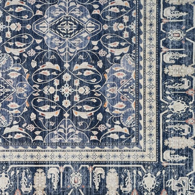 Dark Blue Area Rug 6x9, Boho Floral Moroccan Trellis Printed Transitional Style Rugs for Living Room Bedroom, Washable Non Slip Low Pile Thin Carpet Rug for Dining Room Guest Room Home Office