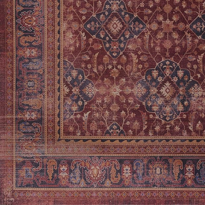 Amber Red 2x6 Kitchen Runner Rugs Non Skid Washable, Earth Tone Vintage Distressed Carpet Runners for Hallways 6ft, Luxurious Boho Floral Trellis Runner Bedroom/Bathroom/Entryway/Laundry Room