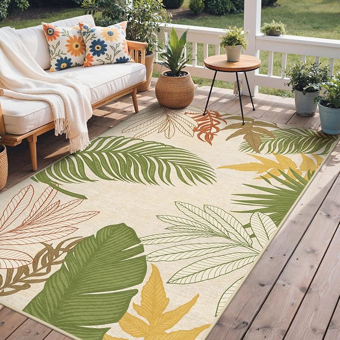 GENIMO 5x8 Outdoor Rug, Washable for Patio and Deck, Beige Green | Botanical leaf design for porch; fade resistant chenille with quick-dry non-slip backing for indoor sunroom.
