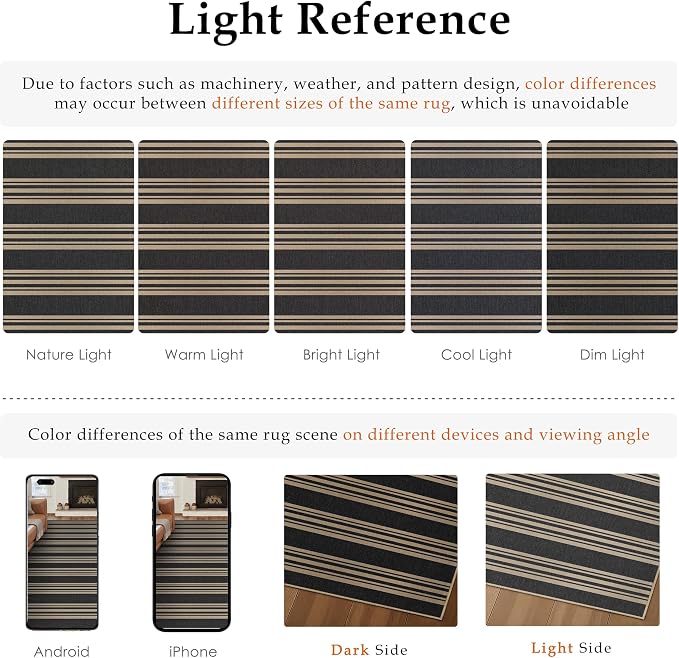 PureCozy Outdoor Rug 4x6 Washable Striped Jute Look Non Slip Carpet | Black and Tan Stripe Farmhouse Style, Indoor Outdoor Area Rug for Patio, Living Room, Dining Room, Non Shedding, Neutral Rugs