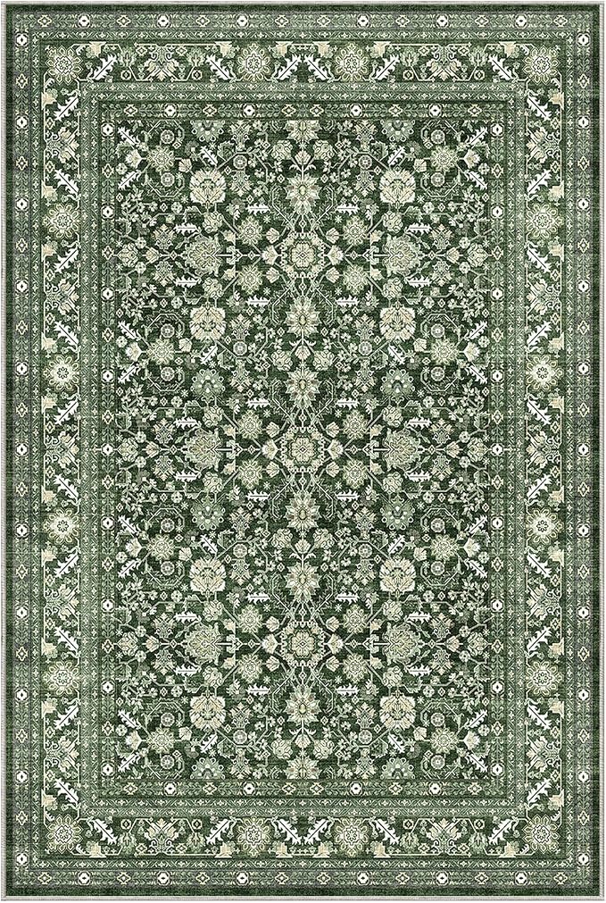 OPPODREAM Low-Pile Area Rugs, Faux Wool Carpet for Living Room, Kitchen, Office, Dorm, Bedroom, Vintage Washable Rug Non Slip, Dark Green, 3'x5'