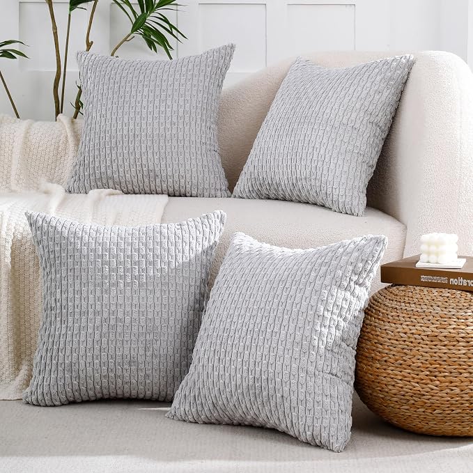 VAKADO Grey Decorative Throw Pillow Covers Couch Corduroy 24x24 Set of 4 Home Living Room Neutral Rustic Farmhouse Cushion Case Decor Boho Square for Bed Sofa