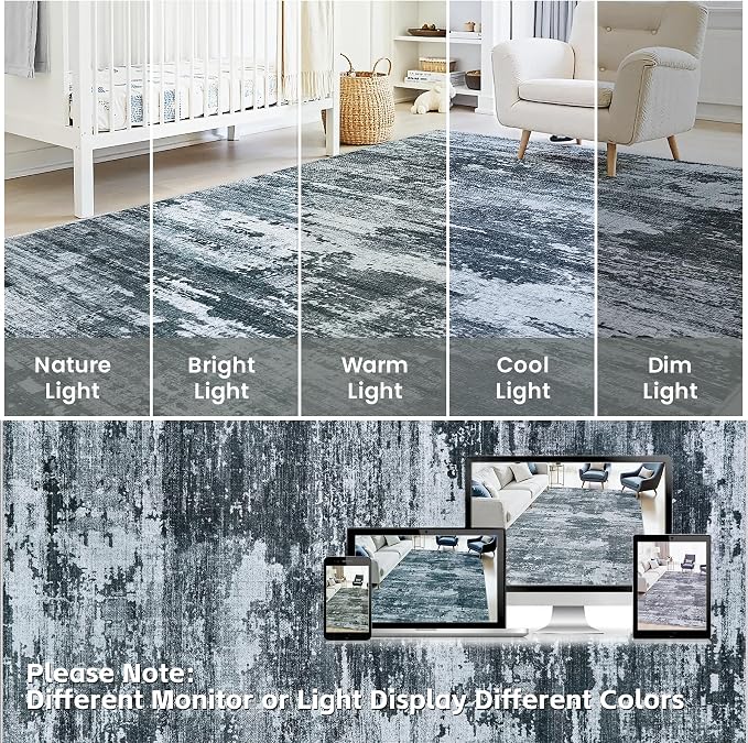 8x10 Area Rugs Living Room Rug Modern Abstract Neutral Washable Rugs Non Slip Soft Carpet Large Area Rug Low Pile Stain Resistant Non Shedding for Bedroom Nursery Dining Room Home Office Black