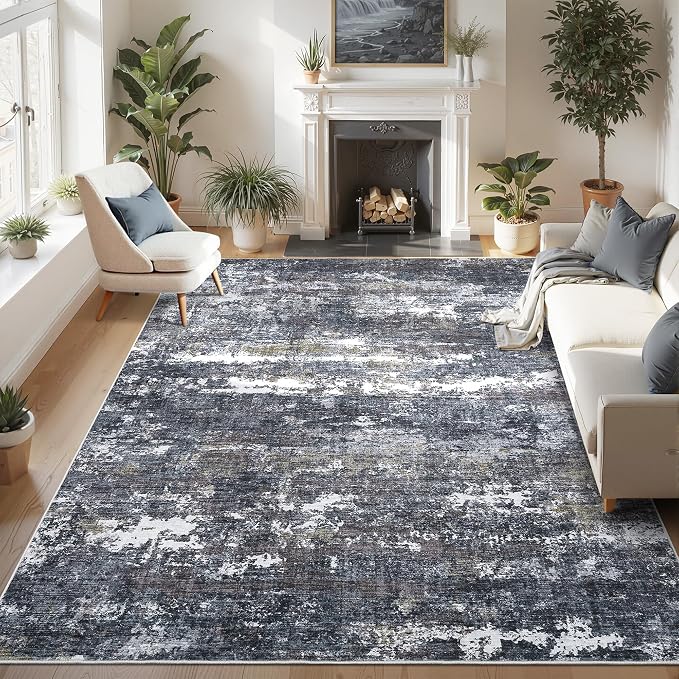 ROYHOME 10x14 Abstract Area Rugs for Bedroom Machine Washable Modern Rugs for Living Room with Non-Slip Backing, Soft Nursery Carpet, Grey Brown