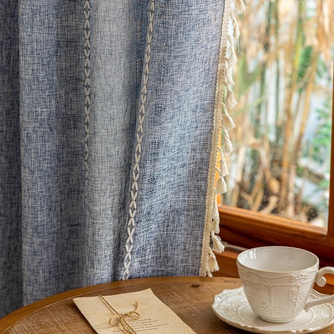 Boho Sheer Blue Curtains 84 inches Long 2 Panels for Living Room Bedroom,Farmhouse, Bohemian Beige Tassels Country Light Filtering Curtains Shabby Chic Embroidery Striped Draps Back Tab, 50" W